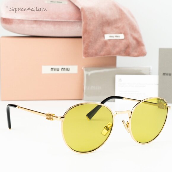 NEW Miu Miu MU55ZS 5AK07O Gold Olive Green Round Unisex Sunglasses 0MU 55ZS